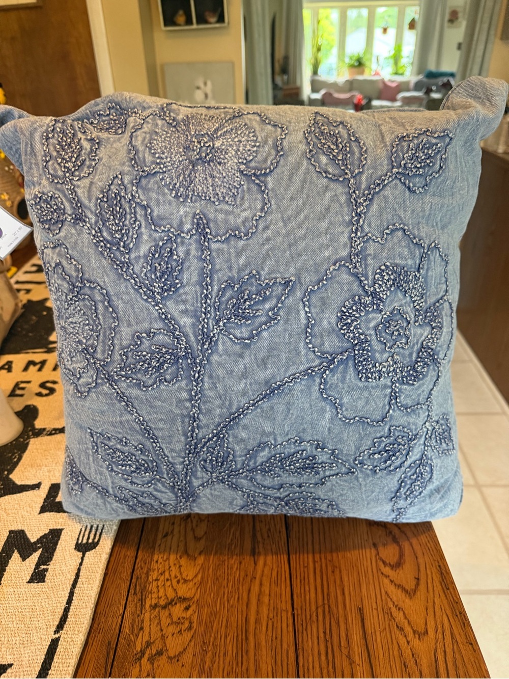 Embroidered Floral Throw Pillow - Blue  Denim